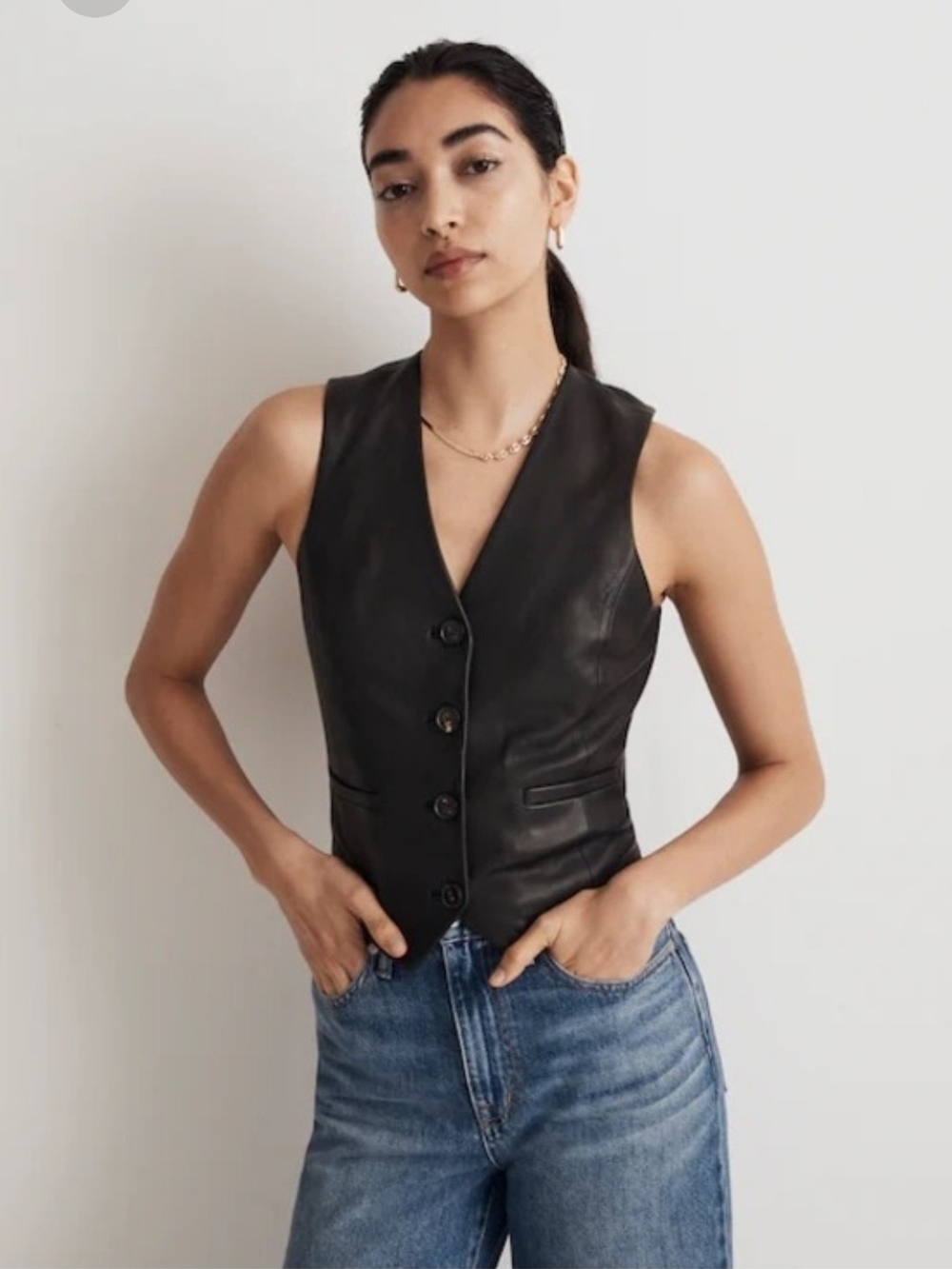 Madewell Black Leather Button Vest NM538 Size 2